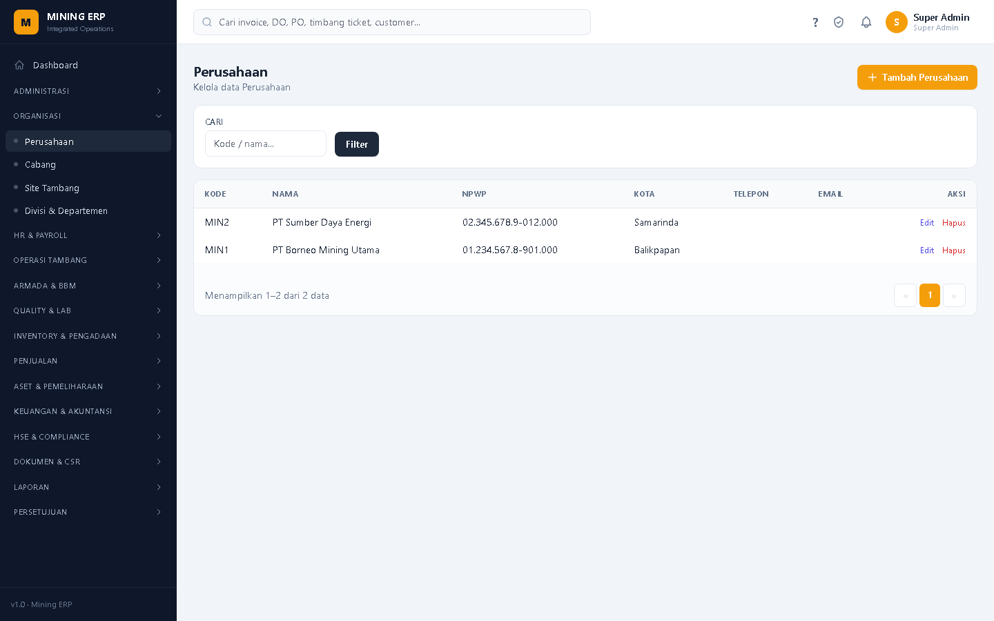Screenshot: Perusahaan