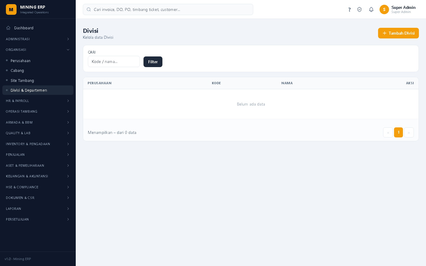 Screenshot: Divisi & Departemen