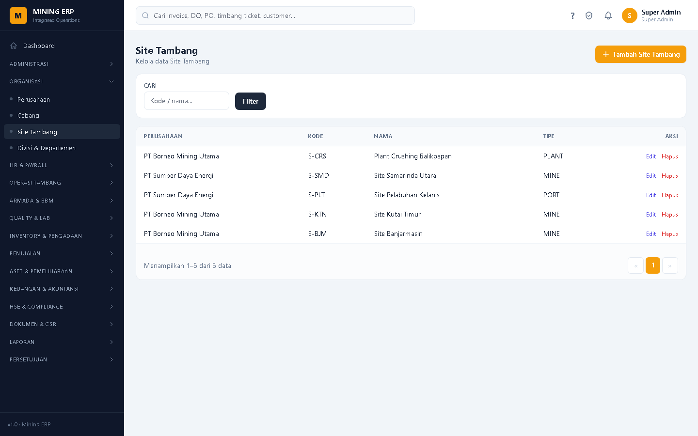 Screenshot: Site Tambang
