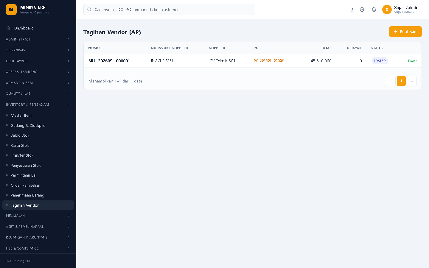 Screenshot: Tagihan Vendor