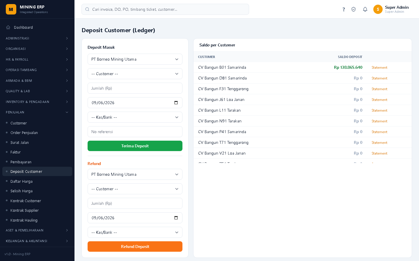 Screenshot: Deposit Customer