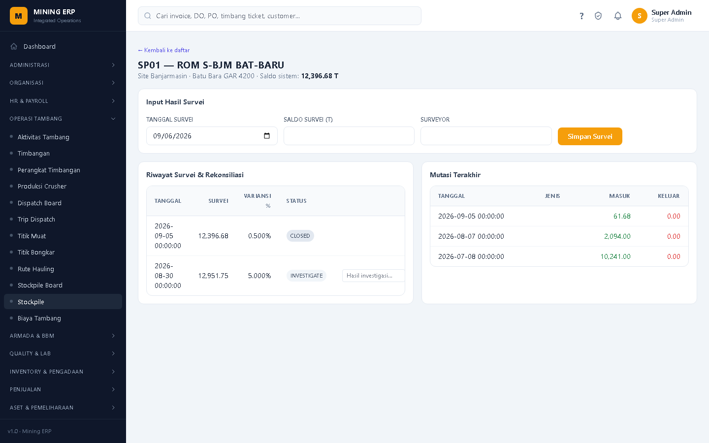 Screenshot: Detail Stockpile & Survei