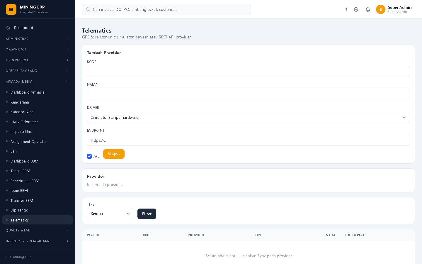 Screenshot: Overview Telematics
